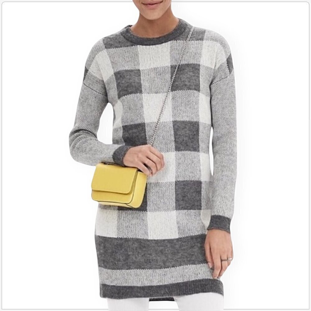 Banana Republic Gray Ivory Buffalo Check Textured Mohair Knit Sweater Dress M